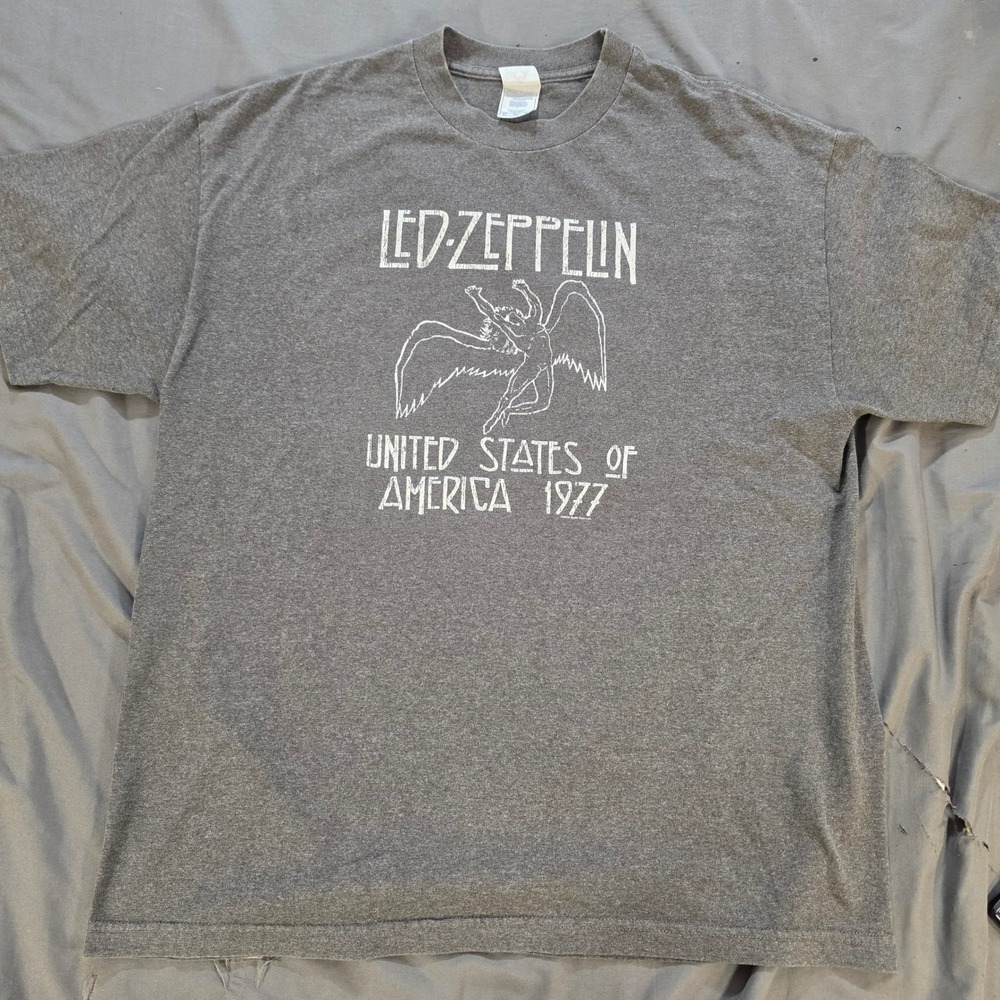Vintage 2003 Led Zeppelin 1977 US Tour Graphic T-Shirt Gray XL Alstyle Myth Gem